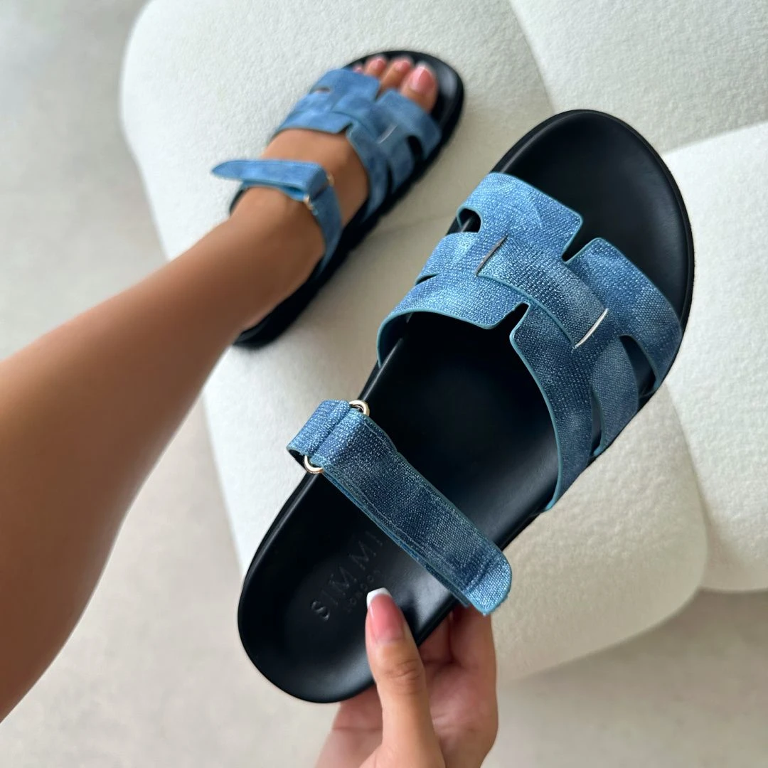 Adelle Denim Chunky Velcro Strap Flat Sandals