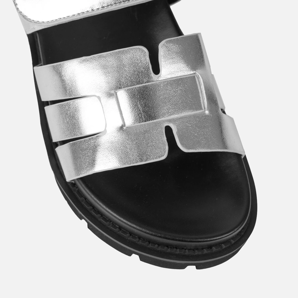 Adelle Silver Chunky Velcro Strap Flat Sandals - Image 4