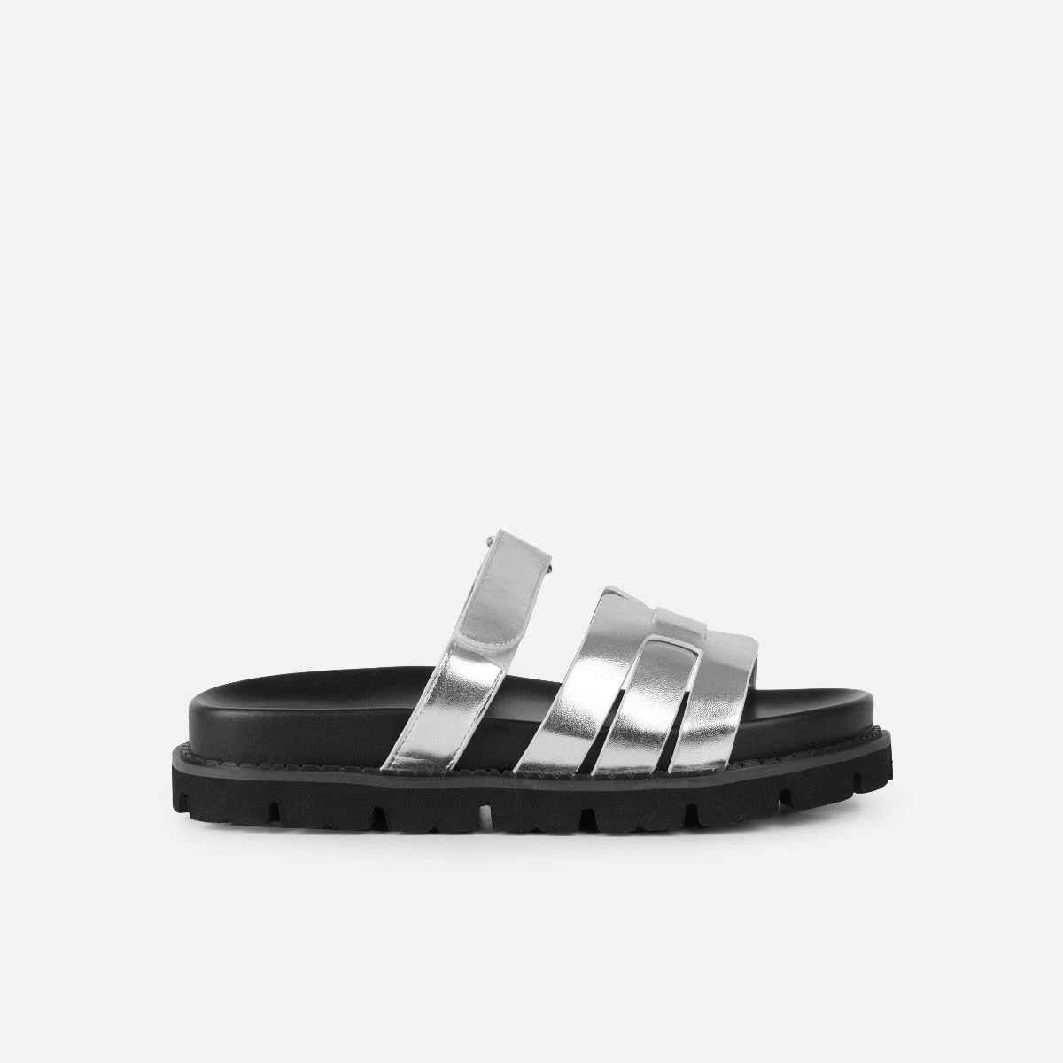 Adelle Silver Chunky Velcro Strap Flat Sandals - Image 2