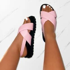 Vaia Pink Embossed Cross Over Flat Sandals