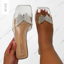 Uma Wide Fit Silver Clear Diamante Butterfly Flat Sandals