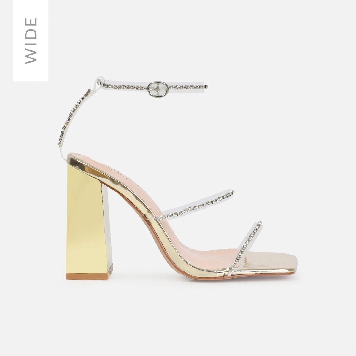 Issy Wide Fit Gold Mirror Diamante Block Heels - Image 2