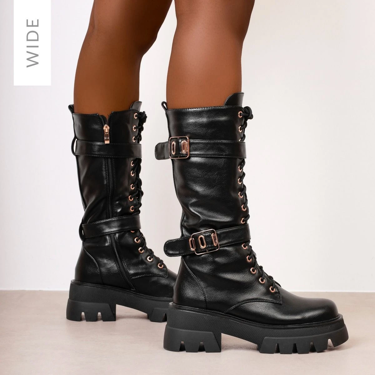 Mateo Wide Fit Black Buckle Lace Up Chunky Calf Boots - Image 2