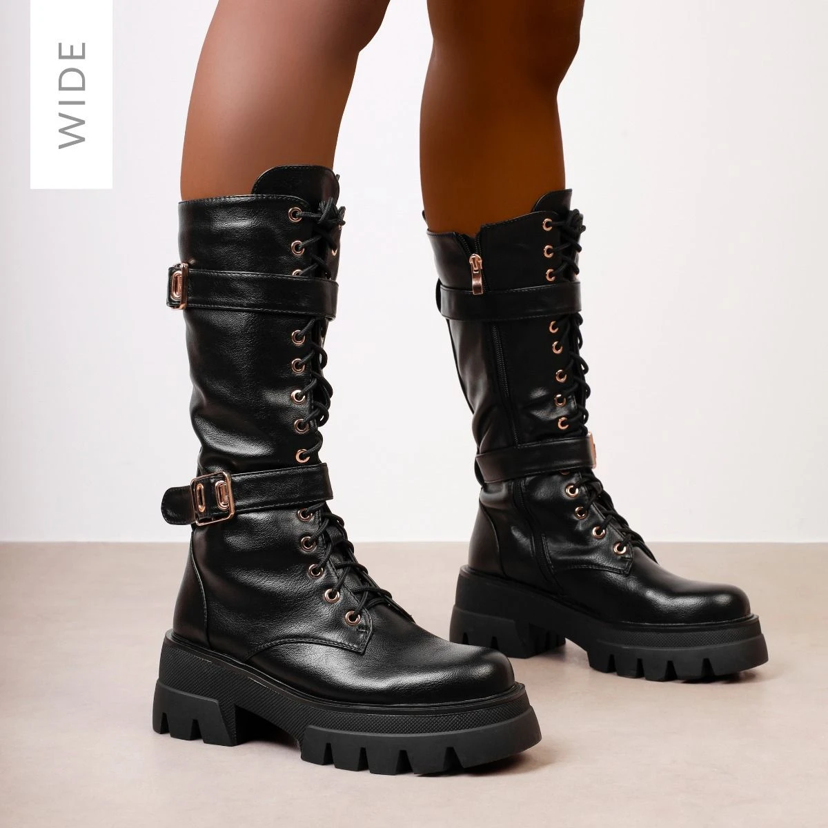 Mateo Wide Fit Black Buckle Lace Up Chunky Calf Boots
