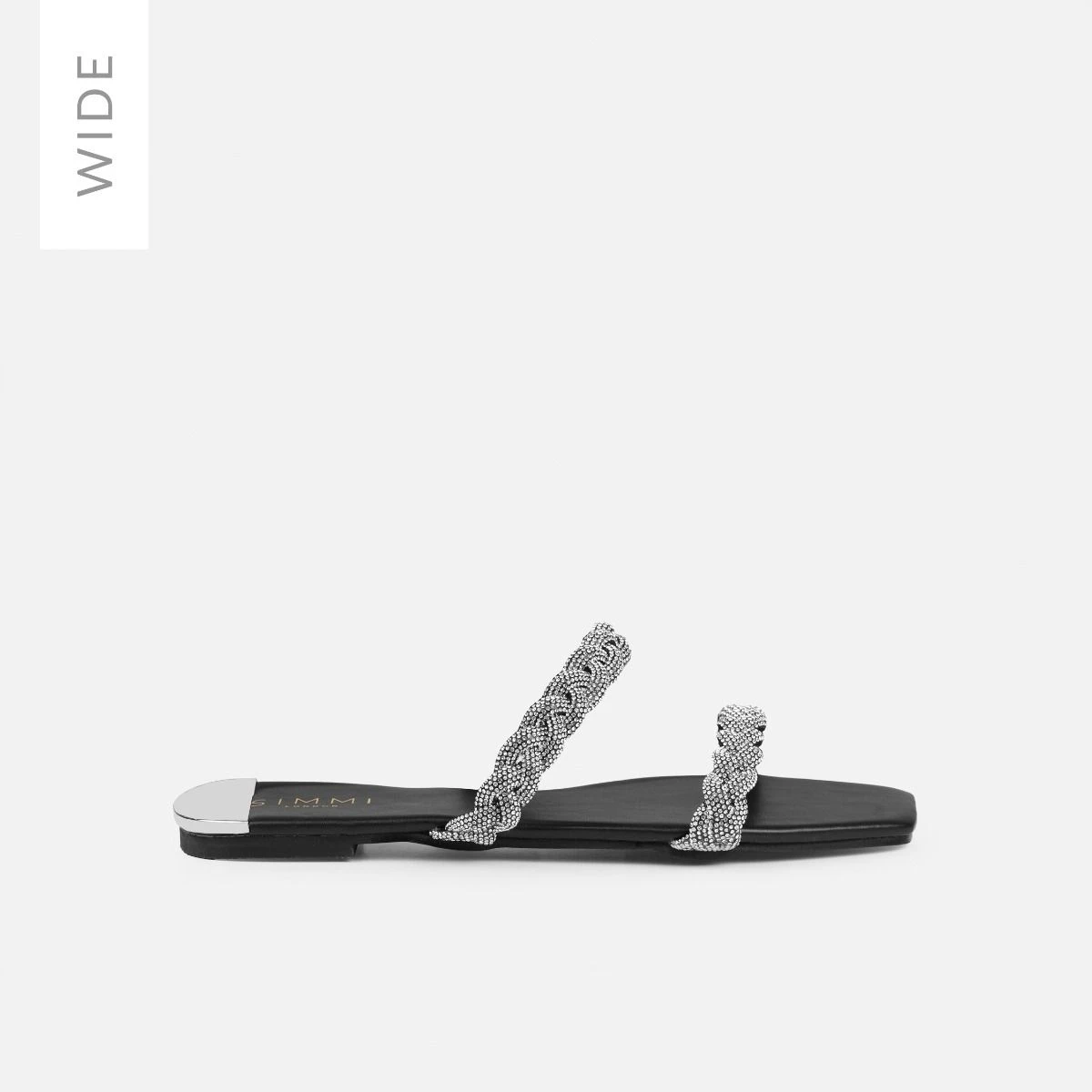 Fayay Wide Fit Black Diamante Plait Flat Slides - Image 2