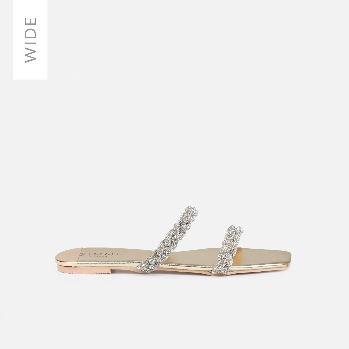 Fayay Wide Fit Gold Diamante Plait Flat Slides - Image 2
