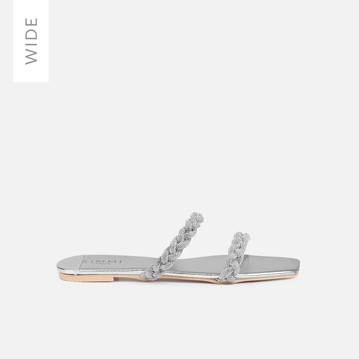 Fayay Wide Fit Silver Diamante Plait Flat Slides - Image 2