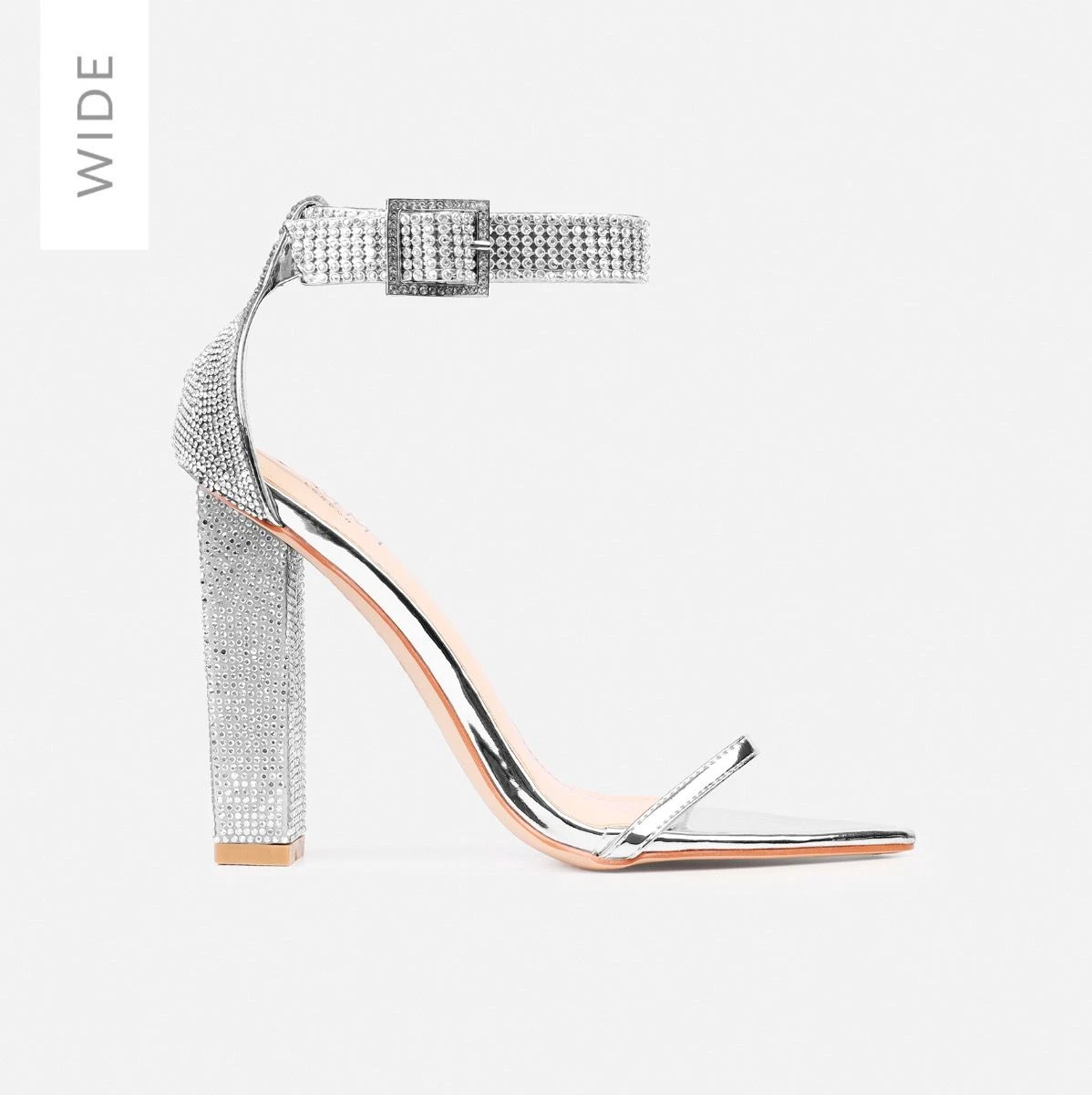 Icey Wide Fit Silver Diamante Block Heels