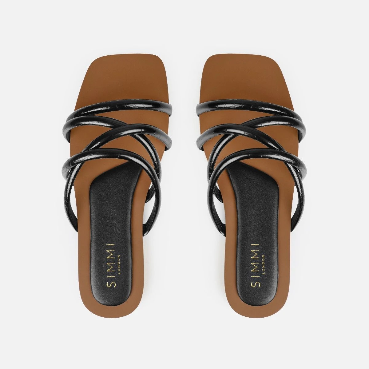 Joelley Wide Fit Black Faux Croc Print Strappy Flat Slides - Image 3