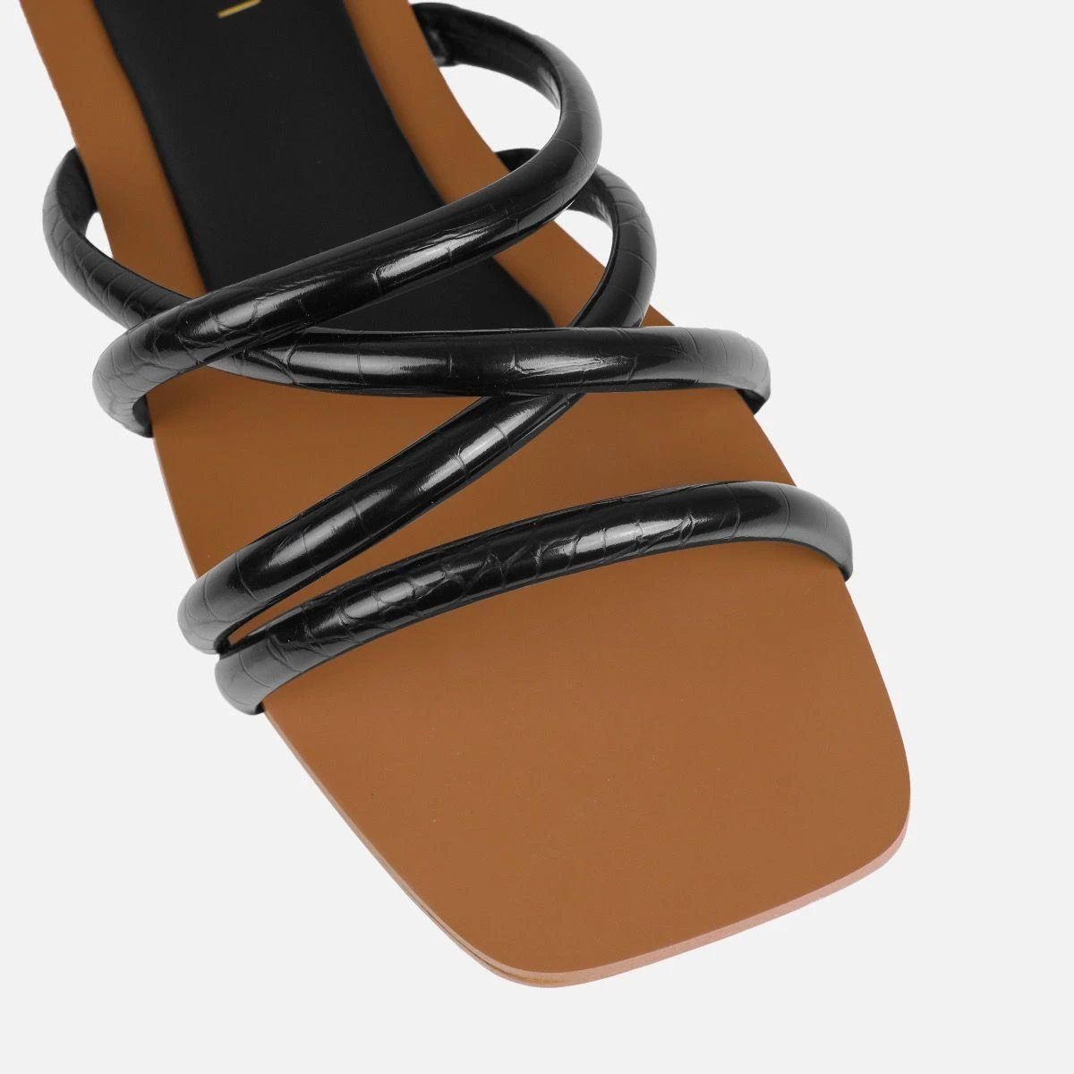 Joelley Wide Fit Black Faux Croc Print Strappy Flat Slides - Image 4