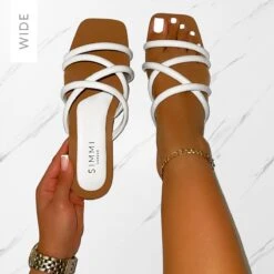 Joelley Wide Fit White Faux Croc Print Strappy Flat Slides