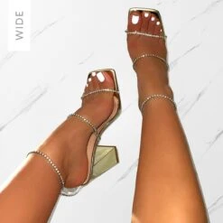 Issy Wide Fit Gold Mirror Diamante Block Heels