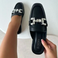 Xanthe Black Diamanté Slip On Mules
