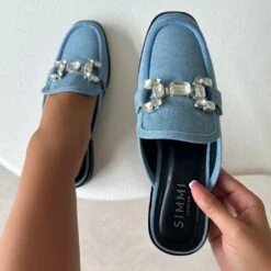 Xanthe Blue Denim Diamanté Slip On Mules