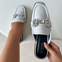 Xanthe White Diamanté Slip On Mules